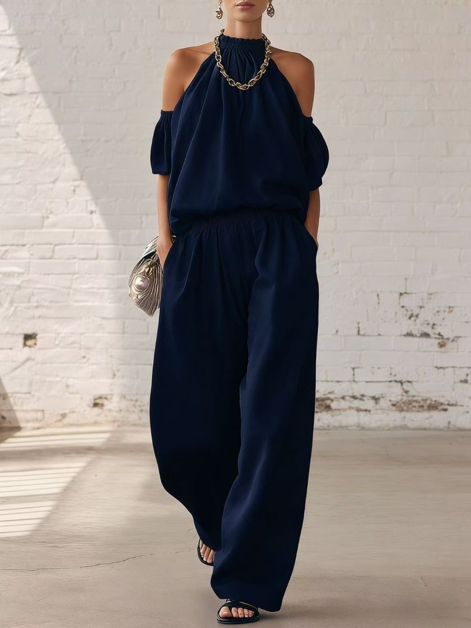 Women's Clothing Summer Women's Casual Set Off Shoulder Halter Neck Top With High Waist Wide Leg Pants Style_ecoleips.com
