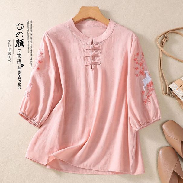 A Versatile, Artistic, And Retro-Style Half-Sleeved Cotton-Linen Top Perfect For Summer; Features A Stylish Buttoned Des_ecoleips.com
