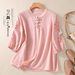 A Versatile, Artistic, And Retro-Style Half-Sleeved Cotton-Linen Top Perfect For Summer; Features A Stylish Buttoned Des_ecoleips.com