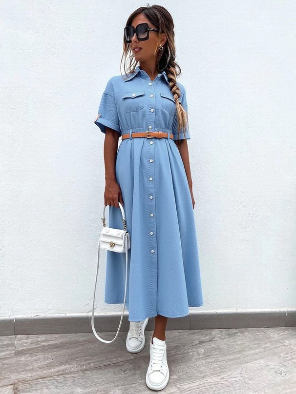 Women's Clothing New Mid Length Shirt Denim Dress A Line_ecoleips.com