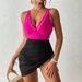 Women's Clothing One Piece Swimsuit V Neck Mesh Splicing Side Drawstring Swimsuit_ecoleips.com
