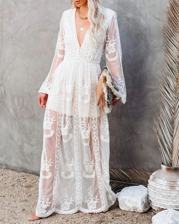 2024 Spring/Summer New European And American Women's Fashion Lace Long Sleeve V-Neck Solid Color Chiffon Summer Dress_ecoleips.com
