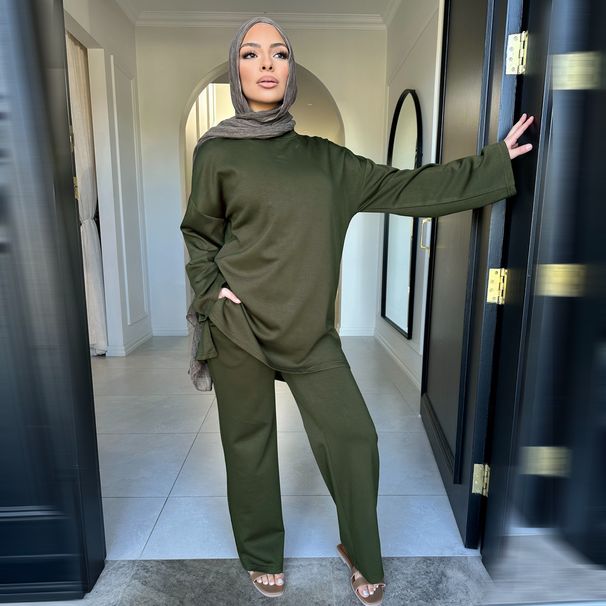 Women's Clothing Modest Abaya Dress Ankara Two-Piece Set – Loose Fit Long Sleeve Top & Trousers With Asymmetric Hem, Premium Cotton-Spandex Blend_ecoleips.com
