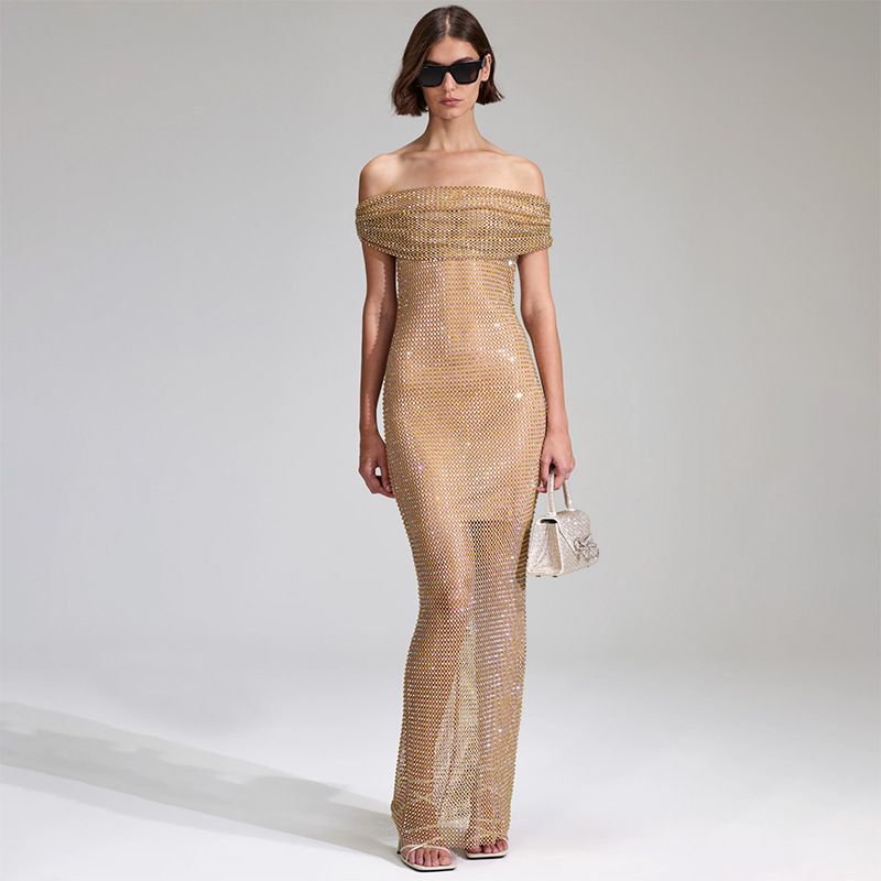 Women's dress one-shoulder dress see-through sequin sexy long dress_ecoleips.com