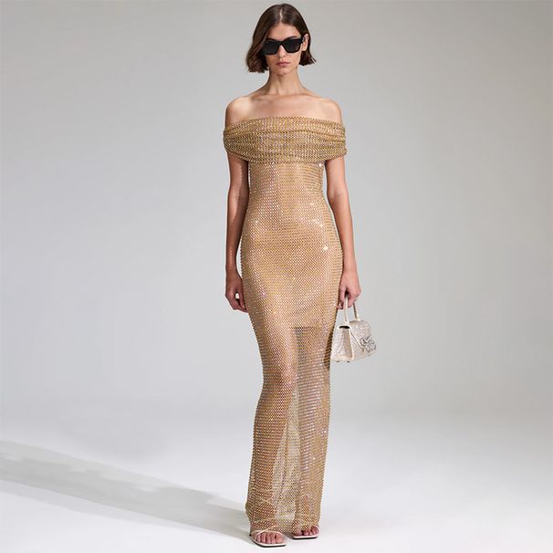 Women's dress one-shoulder dress see-through sequin sexy long dress_ecoleips.com
