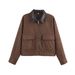 Women's Corduroy & Faux Leather Collar Jacket – Oversized Streetwear Coat With Contrast Detailing (Pink/Blue/Brown, S-L)_ecoleips.com