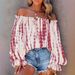 Hot Selling Hot Style Off Shoulder Printed Contrast Color Puff Sleeve Lace Up Loose Women's Top_ecoleips.com
