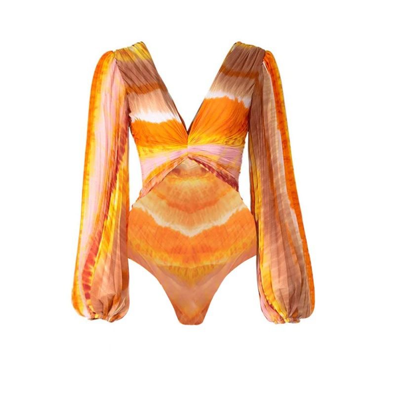 European American Style Women's V Neck One Piece Swimsuit Long Sleeve Vacation Printed_ecoleips.com