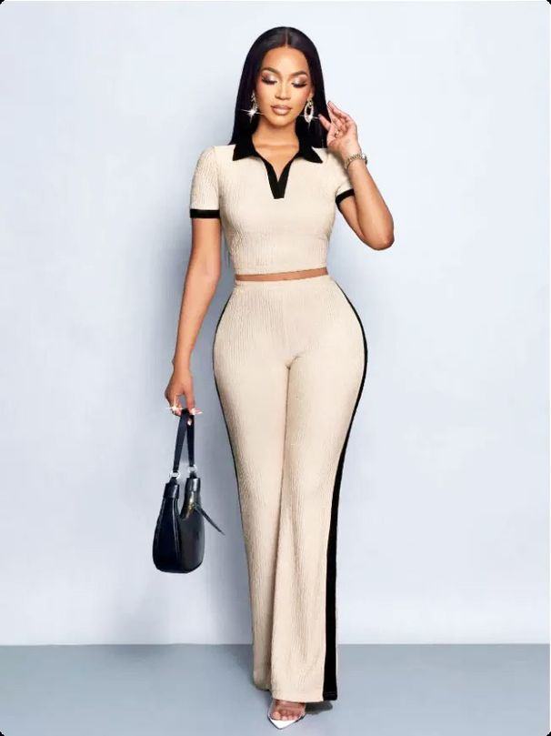 Summer Polo Neck Top And Slim Fit Flared Pants Two Piece Set For Women_ecoleips.com