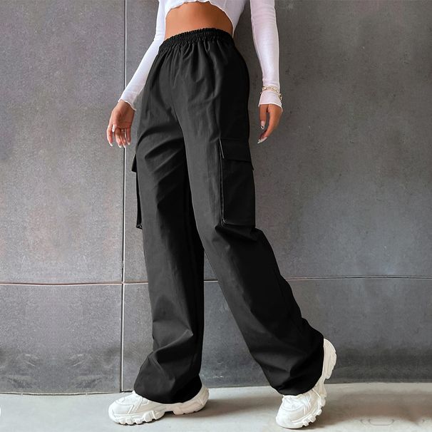 Voya Women's European And American Women's Clothing 2026 New Style Ins Street Fashion Solid Color Elastic Waist Pocket Casual Work Pants_ecoleips.com