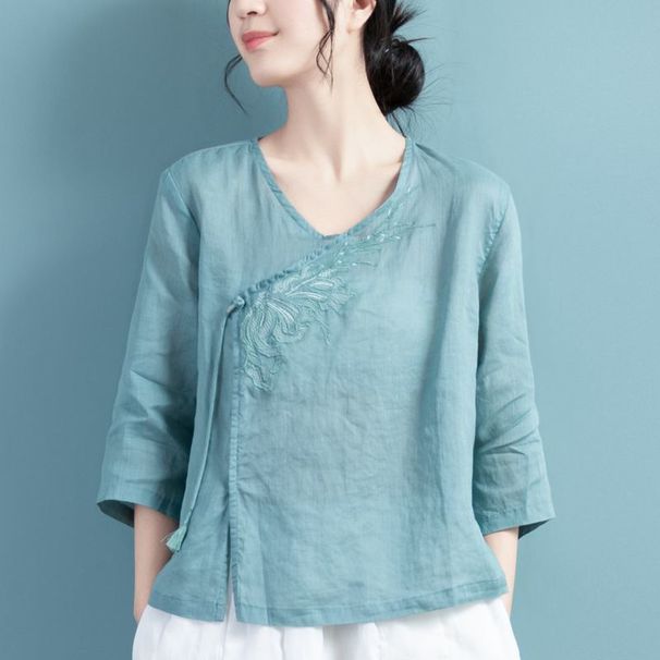 Spring/Summer Embroidered Cotton-Linen Women's China-Style Retro Slanted-Collar Artistic Casual Loose-Fitting Thin Top_ecoleips.com