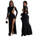 Women's Clothing Fashion Solid Color Hot Diamond Long Sleeve Slit Dress Female_ecoleips.com