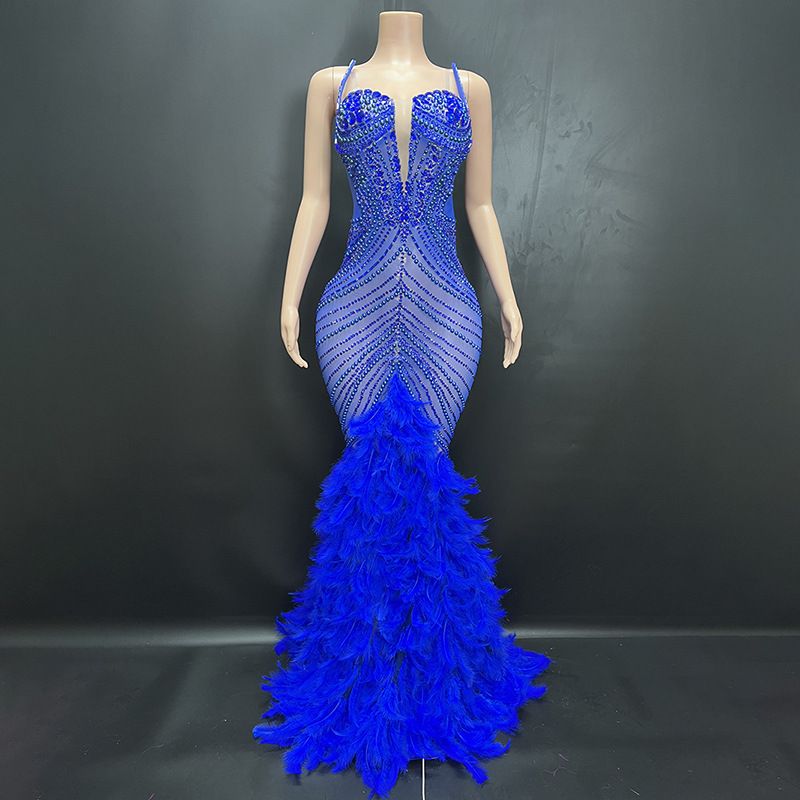 Women's Clothing Black Rhinestone Feather Dress Mesh Red Evening Dress Elegant Dress_ecoleips.com