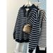 Real Shot Of Foreign Trade Hong Kong Half-zip Polo Collar Striped Sweatshirt For Women, Spring And Autumn Thin Loose_ecoleips.com