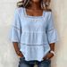 Women's Casual Square Neck Top Solid Color Cotton Linen Blend Lace Trim Three Quarter Sleeve Summer Wear_ecoleips.com