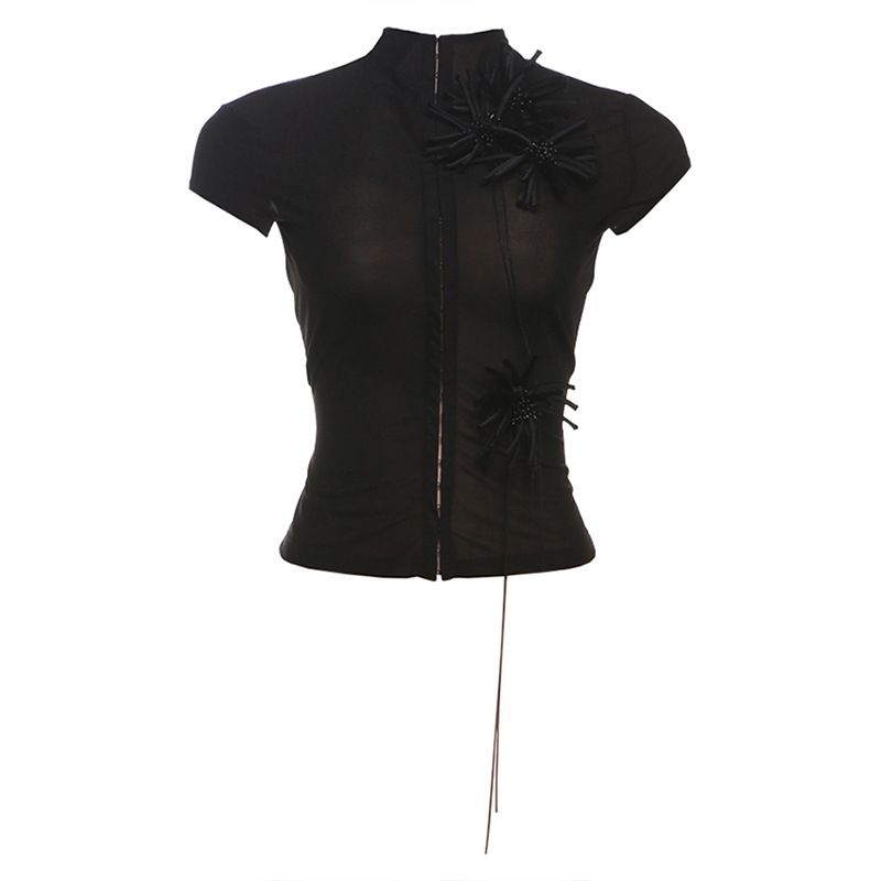 Spring Women's Slim Fit High Neck Cardigan Short Sleeve T-Shirt Style Personalized Button Down Flower Decoration_ecoleips.com