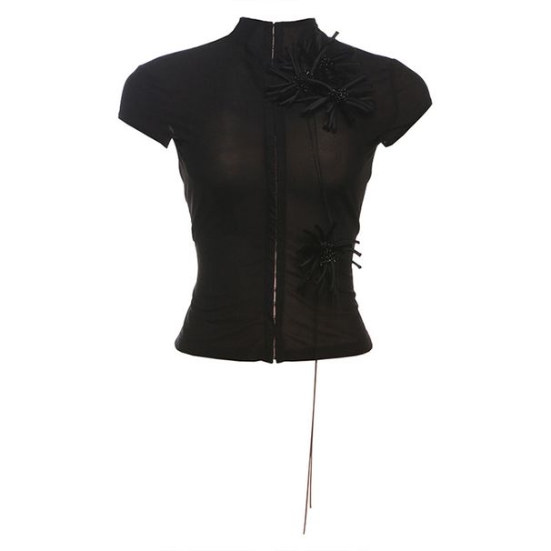Spring Women's Slim Fit High Neck Cardigan Short Sleeve T-Shirt Style Personalized Button Down Flower Decoration_ecoleips.com