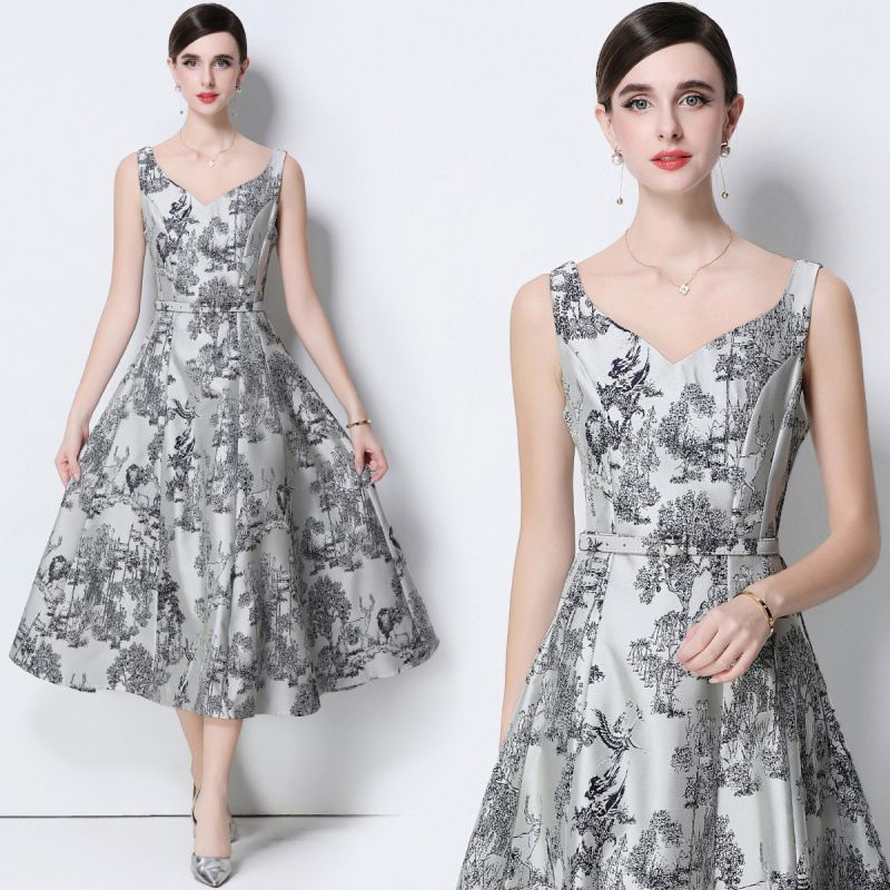 Vintage Jacquard Sleeveless Dress With Belt - High Waist Slim Fit Midi A-Line Dress For Women_ecoleips.com