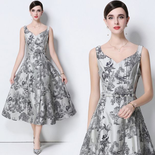 Vintage Jacquard Sleeveless Dress With Belt - High Waist Slim Fit Midi A-Line Dress For Women_ecoleips.com