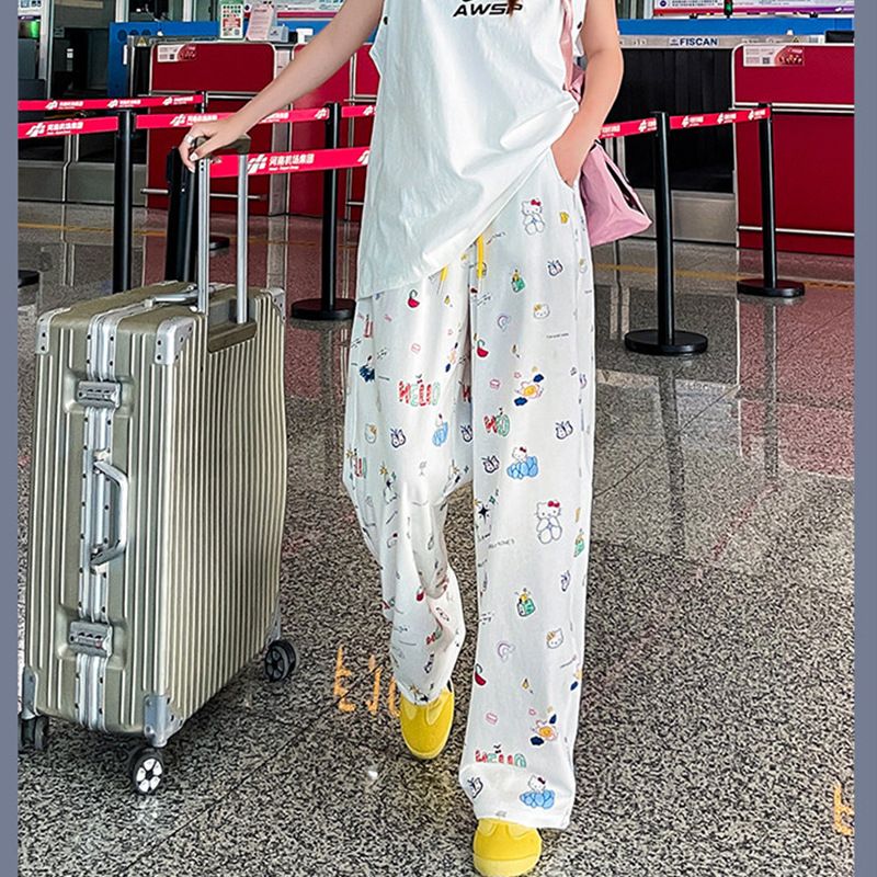 Korean Style Women's Printed Straight Leg Casual Pants Summer Sporty Long Oversized Slimming Stylish_ecoleips.com