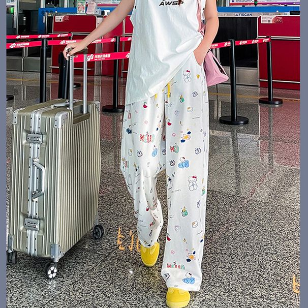Korean Style Women's Printed Straight Leg Casual Pants Summer Sporty Long Oversized Slimming Stylish_ecoleips.com