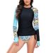 Women's Long-Sleeve Rash Guard & Swim Shorts Set – Geometric Print Surfing Outfit (Sky Blue/Yellow/Watermelon Red) – Upf 50+ Quick-Dry Fabric – S-2xl_ecoleips.com