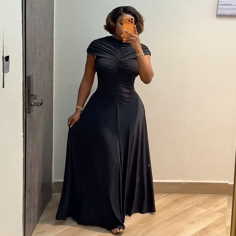 Women's Clothing Elegant Round Neck Pleated Slim Fit Long Dress For Women European And American Style African Print Spring_ecoleips.com