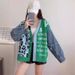 3D Geometric Knit Cardigan – Denim-Paneled Polyester Blend Open Front Sweater | Trendy Black/Yellow/Green/Pink (One Size)_ecoleips.com