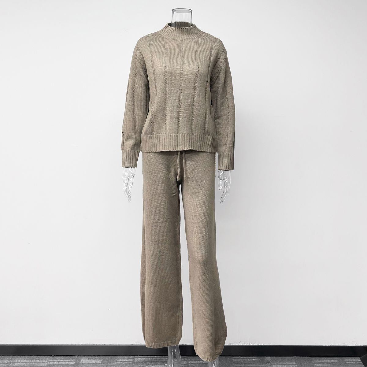 Relaxed Fit Knit Turtleneck Sweater & Elastic Waist Wide Leg Pants Set – Cozy Autumn Winter Loungewear For Women_ecoleips.com