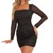 European And American Sexy Square Neck Long Sleeve Spring Summer New Hot Girl Party Little Black Slim Fit Bodycon_ecoleips.com