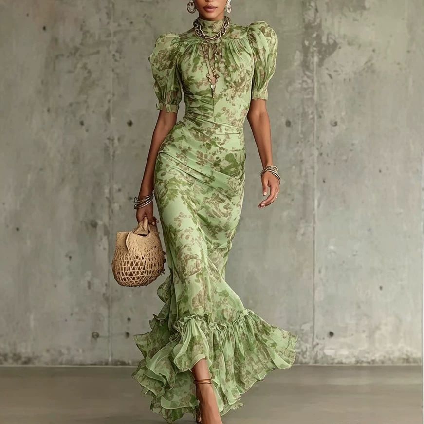 French Retro Chiffon Maxi Dress Elegant Sophisticated Summer Style High Neck Puff Sleeves Slim Waist Fishtail Hem Vacation Dress_ecoleips.com