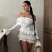 Voya Women's Autumn New European And American Women's Fashion Long Bell Sleeve Off-Shoulder Ruffle Ribbon Short Dress_ecoleips.com