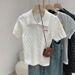 Women's Polo Collar Knit Top Short Sleeve Cropped Shirt Bow Embroidery Button Detail_ecoleips.com