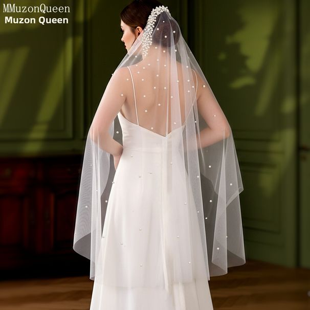 Manzhen Long Waltz Bridal Veil European American Style Pearl Soft Net with Hair Comb Versatile Wedding Headdress V172_ecoleips.com