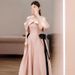Pink Satin off the Shoulder French Style Evening Gown Elegant Sophisticated Bridal Toast Dress Summer Style Women's Clothing Wedding Party Wear_ecoleips.com