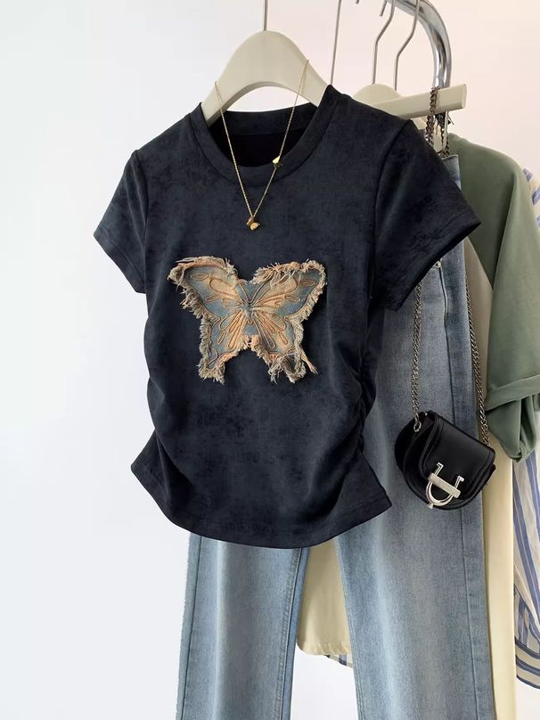 Tie-Dye Short-Sleeve T-Shirt For Women, Modal Top, American Vintage Summer Design, Petite Slim Crop Top_ecoleips.com