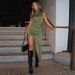 European American 2025 Summer New Fashionable Unique Slim-Fit Ruched Bodycon Dress With Side Slit And Sleeveless Design_ecoleips.com