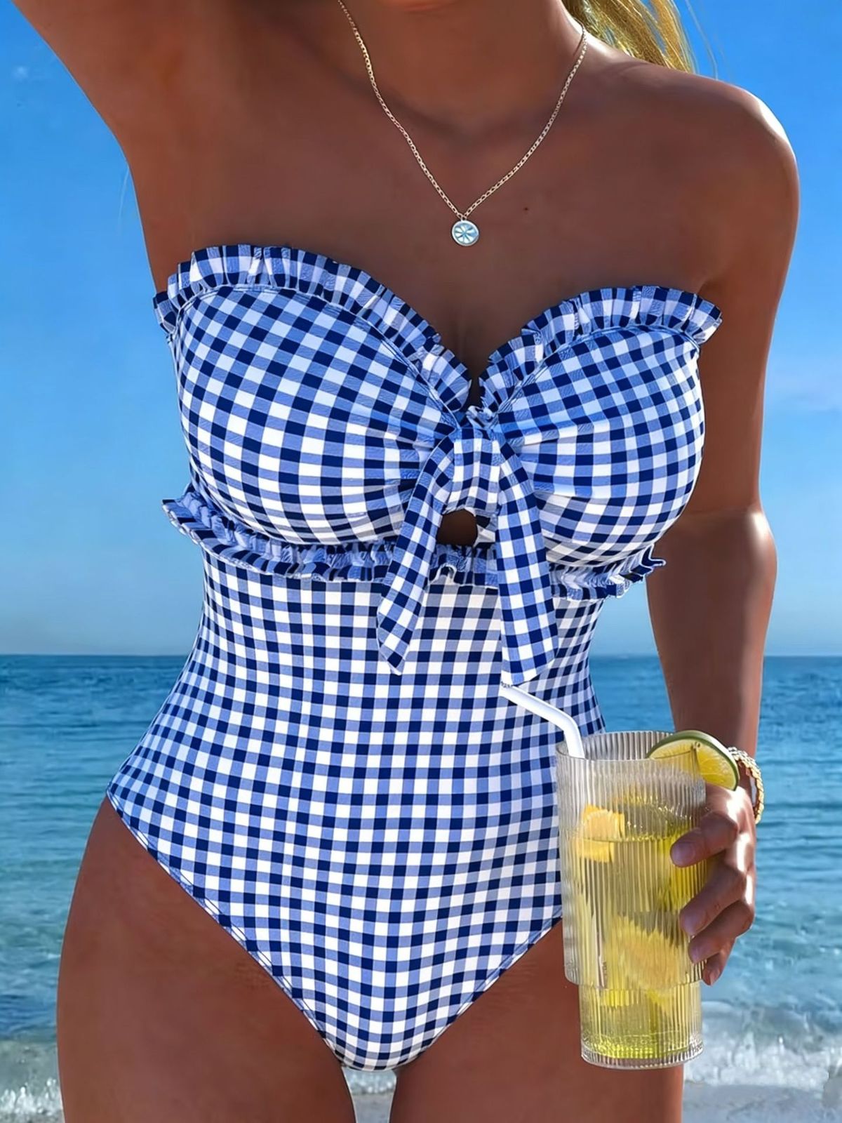 Women's Slim Fit Strapless One Piece Swimsuit 2026 European American Style Striped Checkered Tie Waist Beach Vacation Swimwear_ecoleips.com