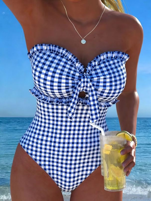 Women's Slim Fit Strapless One Piece Swimsuit 2026 European American Style Striped Checkered Tie Waist Beach Vacation Swimwear_ecoleips.com
