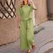 Women's Summer Casual Fashion Loose Solid Color Wide Leg Pants Set Short Sleeve Two Piece Set Covers Tummy_ecoleips.com