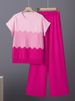 K Gradient Contrasting Design, Loose Round Neck Sleeveless Knit Shirt+high Waist Solid Color Wide Leg Pants Set_ecoleips.com