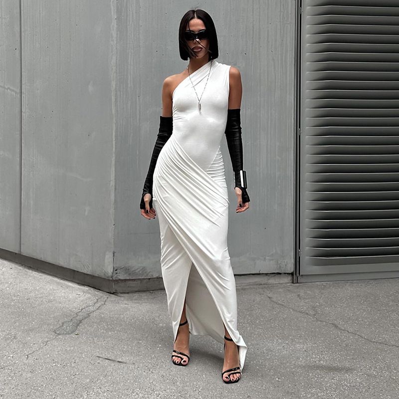 Women's Clothing Long Dress Casual Oblique Collar Sleeveless Gathered One Shoulder Dress_ecoleips.com
