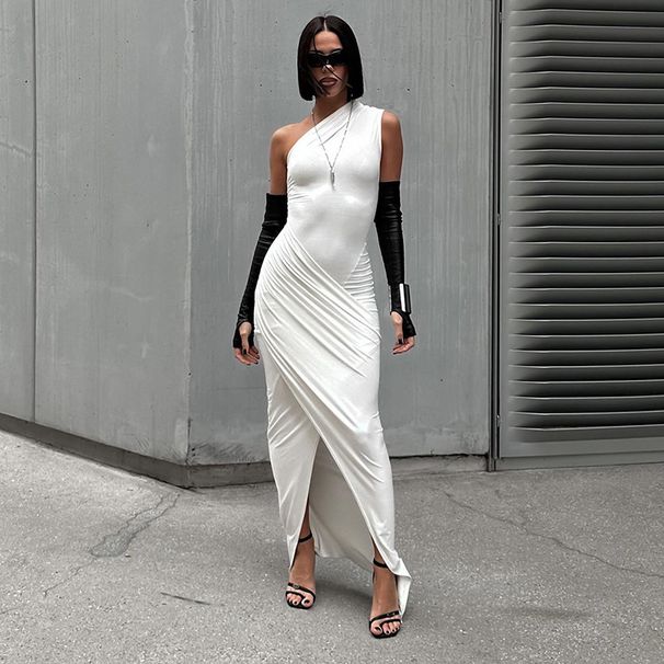 Women's Clothing Long Dress Casual Oblique Collar Sleeveless Gathered One Shoulder Dress_ecoleips.com
