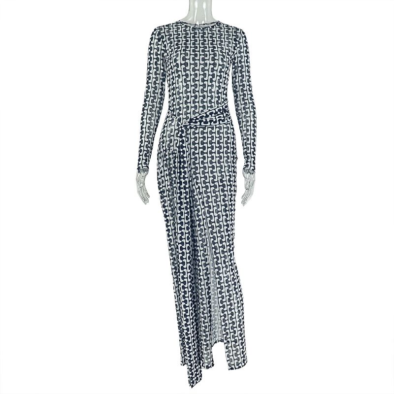 Abstract Print Wrap Dress – High-Neck, Long Sleeve, Bodycon With Side Slit (Milk Silk Poly-Spandex, S/M/L, Black, Euro Office-to-Outing Dress)_ecoleips.com