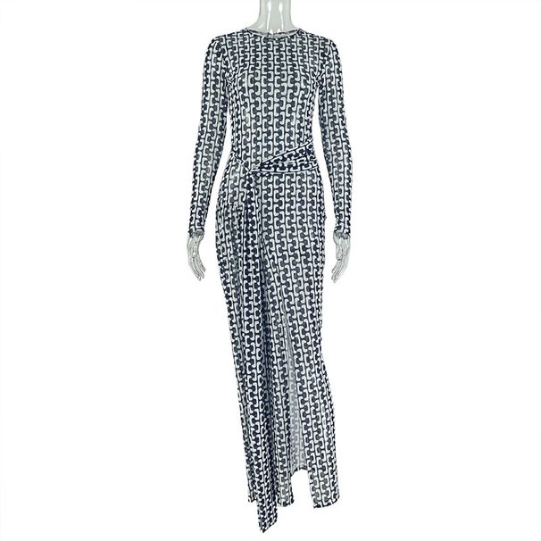 Abstract Print Wrap Dress – High-Neck, Long Sleeve, Bodycon With Side Slit (Milk Silk Poly-Spandex, S/M/L, Black, Euro Office-to-Outing Dress)_ecoleips.com