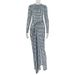 Abstract Print Wrap Dress – High-Neck, Long Sleeve, Bodycon With Side Slit (Milk Silk Poly-Spandex, S/M/L, Black, Euro Office-to-Outing Dress)_ecoleips.com