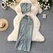 Women's American Style Denim Suit Asymmetrical Cropped Strapless Top High Waisted Split Hem_ecoleips.com