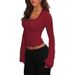 Sexy Long Sleeve Ribbed Lace Trim Blouse - U-Neck Bodycon Top With Bell Sleeves For Women Fashion Trends_ecoleips.com