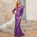 "Elegant Long Sleeve Sequined Evening Dress – Purple & Gold Round Neck Glam Gown For Parties & Special Occasions"_ecoleips.com