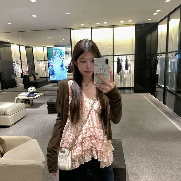 Layered Lace Pure Desire A-line Camisole Korean-style Design Top For Women, Thin Knitted Cardigan Jacket Two-piece Set,_ecoleips.com